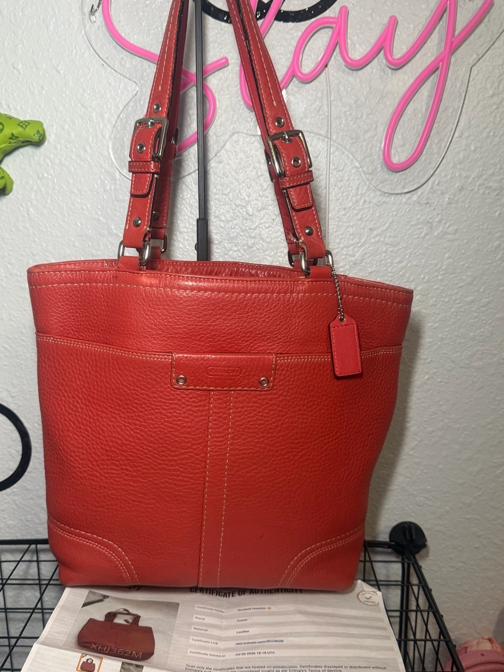 Coach Coral Red Pebbled Leather Tote Y2K 2006-2008 Buckle Shoulder Bag
